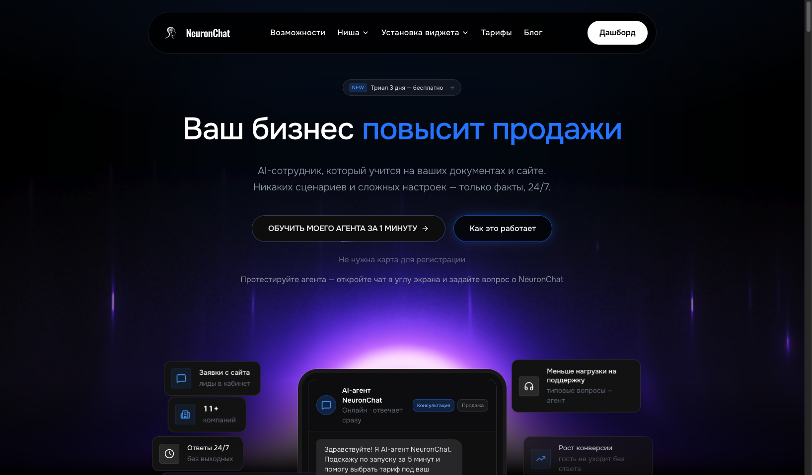 NeuronChat: лендинг продукта — триал, заголовок и превью чата с AI-агентом